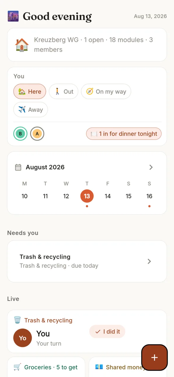 Claps ana panosu: kim evde, hafta ve her modül canlı bir widget